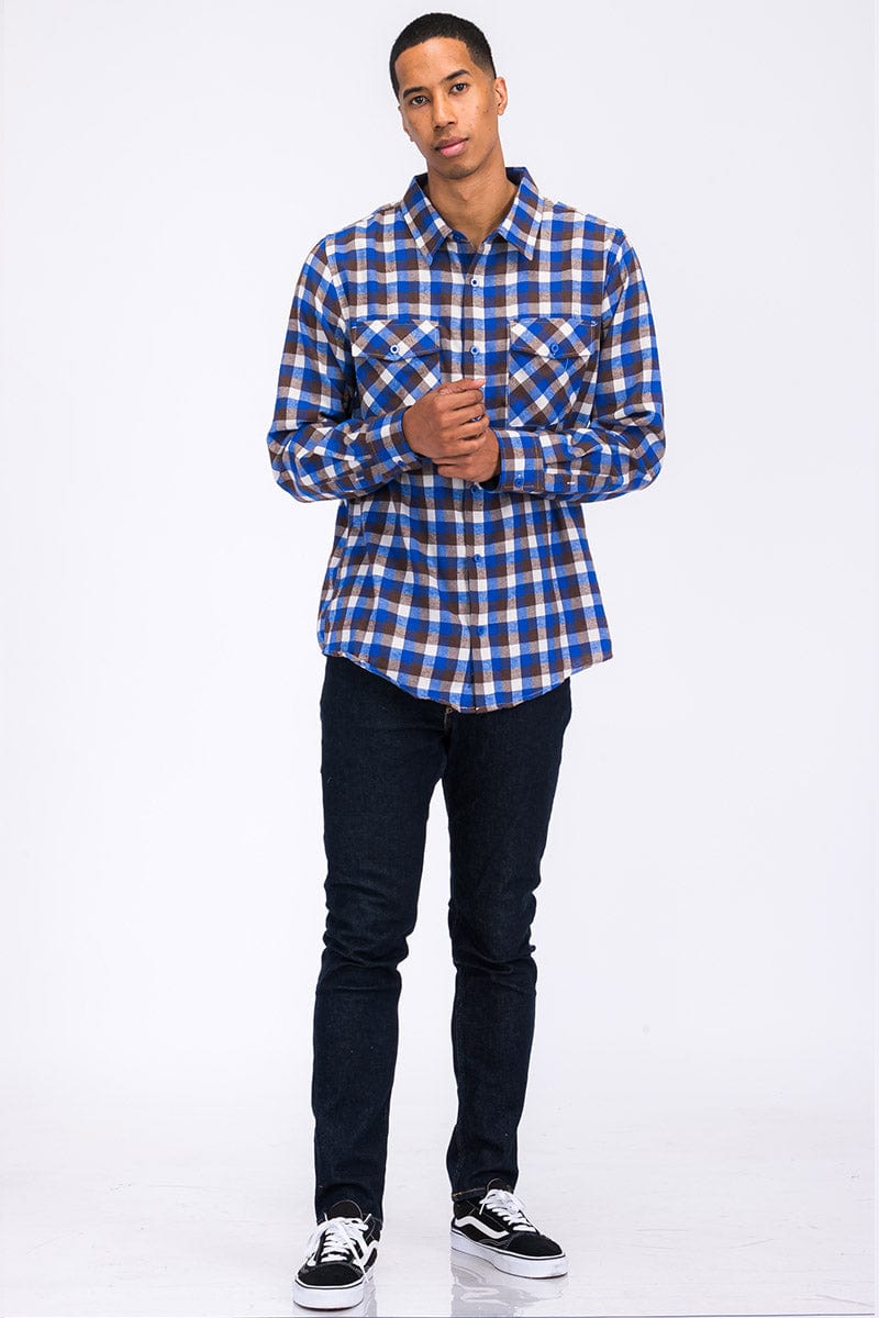 WEIV Men's Shirt Long Sleeve Checkered Plaid Brushed Flannel