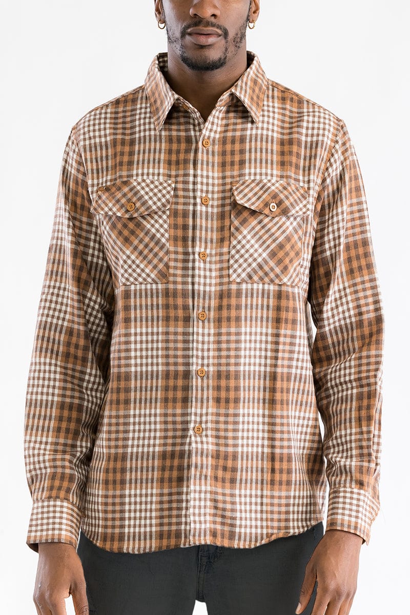 WEIV Men's Shirt MOCHA BROWN / S Long Sleeve Checkered Plaid Brushed Flannel
