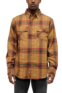 WEIV Men's Shirt MOCHA BURGUNDY / S Long Sleeve Checkered Plaid Brushed Flannel
