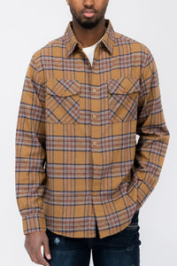 WEIV Men's Shirt MOCHA SKY / S Long Sleeve Checkered Plaid Brushed Flannel