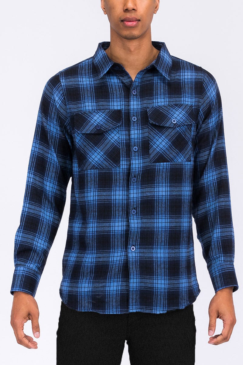 WEIV Men's Shirt NAVY SKY / S Long Sleeve Checkered Plaid Brushed Flannel