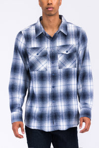 WEIV Men's Shirt NAVY WHITE / S Long Sleeve Checkered Plaid Brushed Flannel