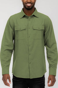 WEIV Men's Shirt OLIVE / S Brushed Solid Dual Pocket Flannel Shirt