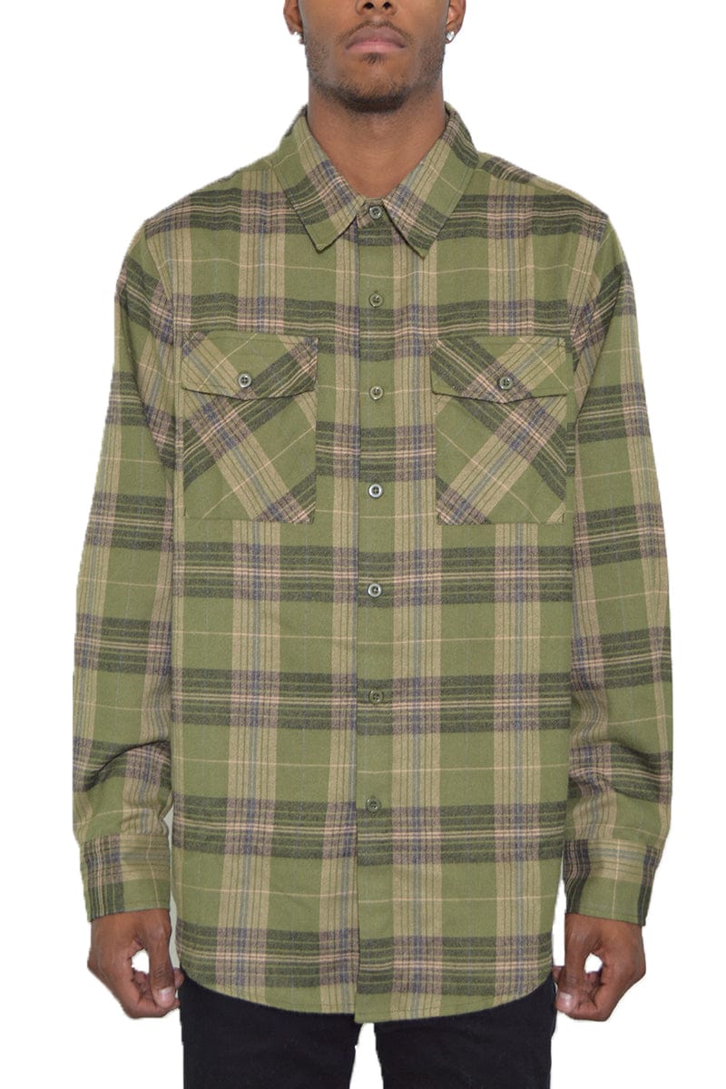 WEIV Men's Shirt OLIVE SAND / S Long Sleeve Checkered Plaid Brushed Flannel