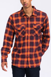 WEIV Men's Shirt ORANGE NAVY / S Long Sleeve Checkered Plaid Brushed Flannel