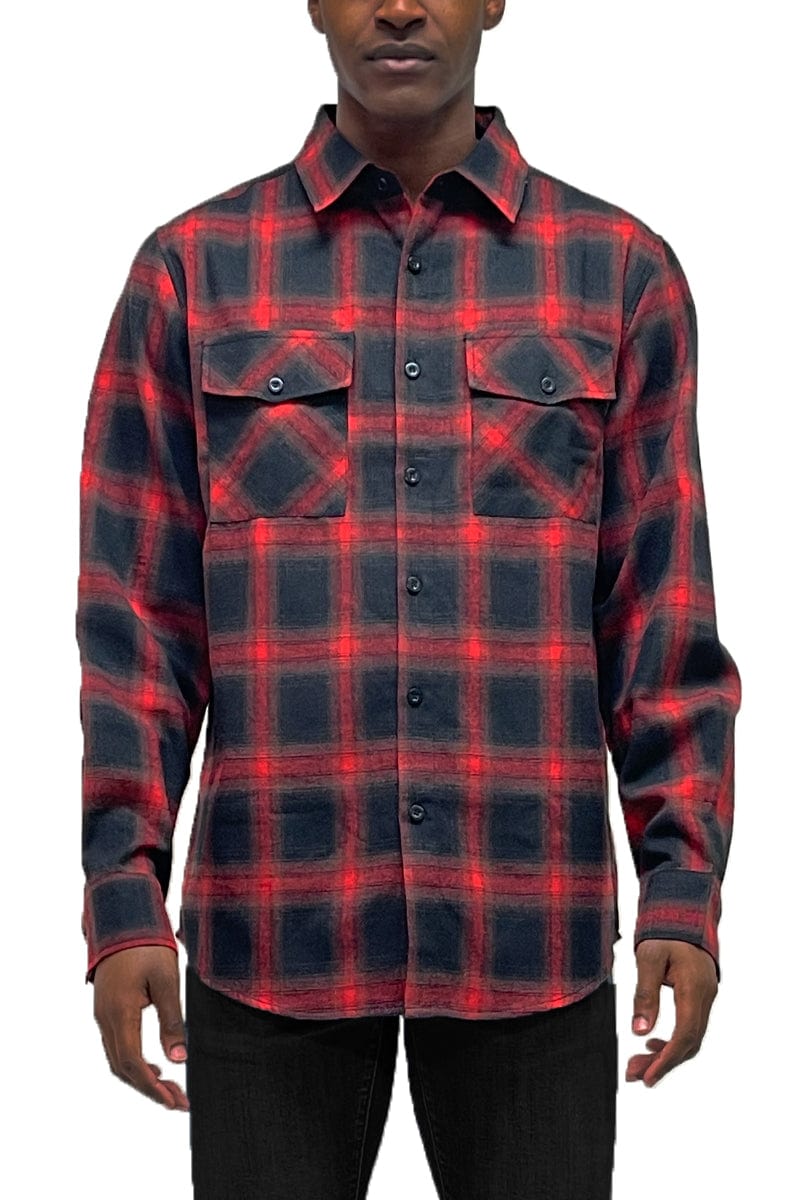 WEIV Men's Shirt RED BLACK / S Long Sleeve Checkered Plaid Brushed Flannel