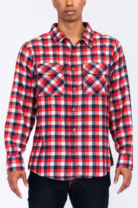WEIV Men's Shirt RED NAVY / S Long Sleeve Checkered Plaid Brushed Flannel