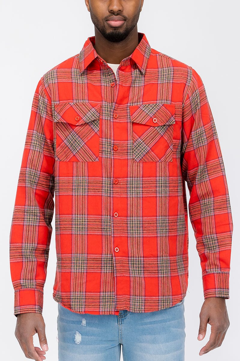 WEIV Men's Shirt RED SKY / S Long Sleeve Checkered Plaid Brushed Flannel