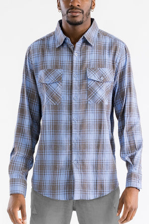 WEIV Men's Shirt SKY GREY / S Long Sleeve Checkered Plaid Brushed Flannel