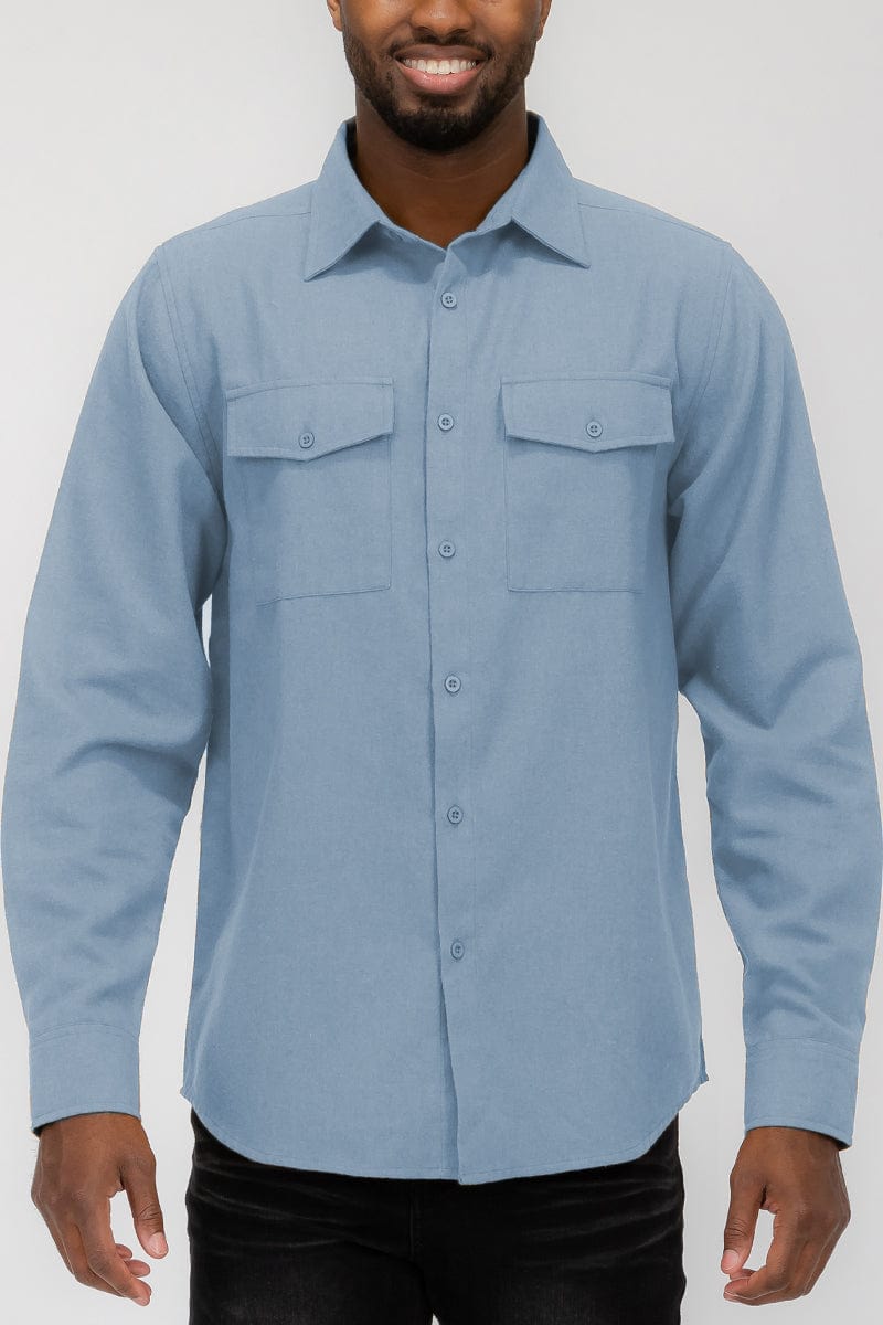 WEIV Men's Shirt SKY / S Brushed Solid Dual Pocket Flannel Shirt