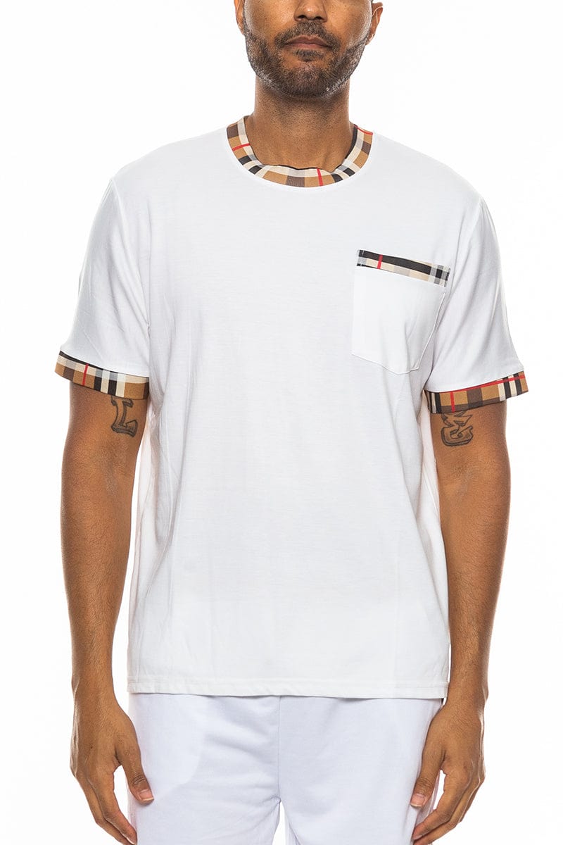 WEIV Men's Shirt WHITE / S Checkered Detail Round Neck Tee