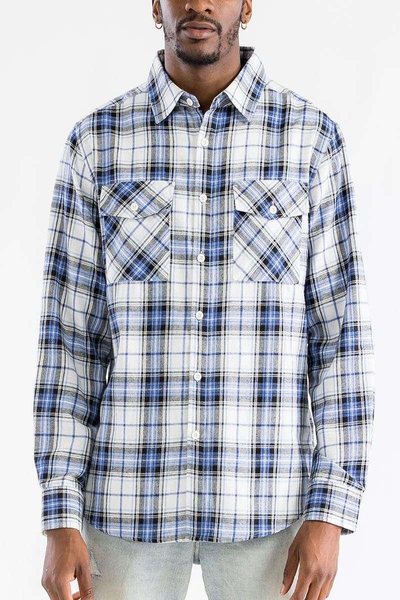 WEIV Men's Shirt WHITE SKY / S Long Sleeve Checkered Plaid Brushed Flannel