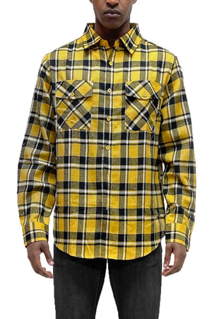 WEIV Men's Shirt YELLOW BLACK / S Long Sleeve Checkered Plaid Brushed Flannel