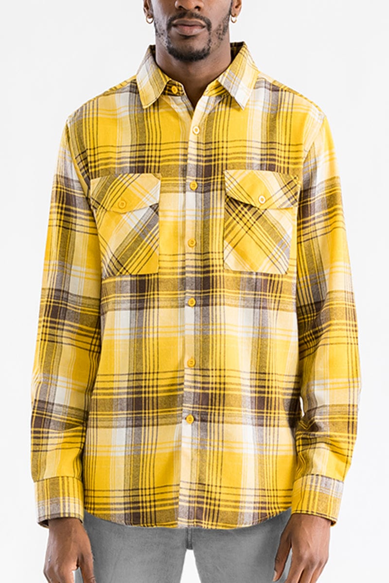 WEIV Men's Shirt YELLOW BROWN / S Long Sleeve Checkered Plaid Brushed Flannel