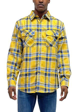 WEIV Men's Shirt YELLOW SKY / S Long Sleeve Checkered Plaid Brushed Flannel
