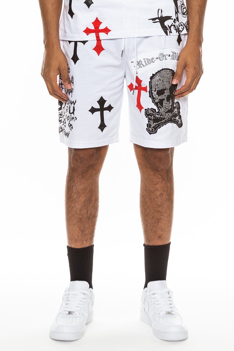 WEIV Men's Shorts Bejewelled Chrome Skull Shorts