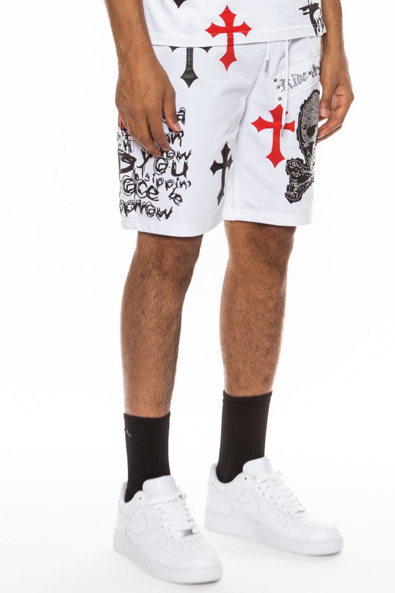 WEIV Men's Shorts Bejewelled Chrome Skull Shorts