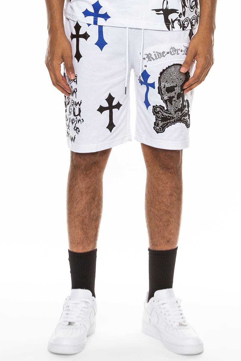 WEIV Men's Shorts Bejewelled Chrome Skull Shorts