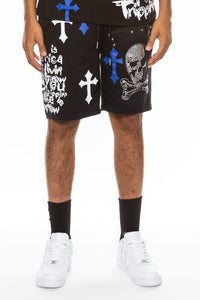 WEIV Men's Shorts Bejewelled Chrome Skull Shorts